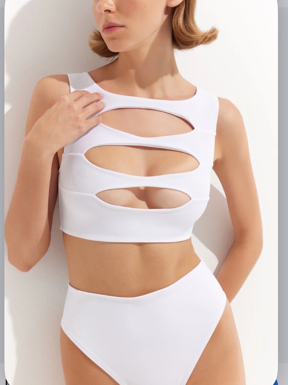 O Y E  High-Waist White Bikini Set - Sleek Swim Crop Top & High-Cut Bottoms Sz L